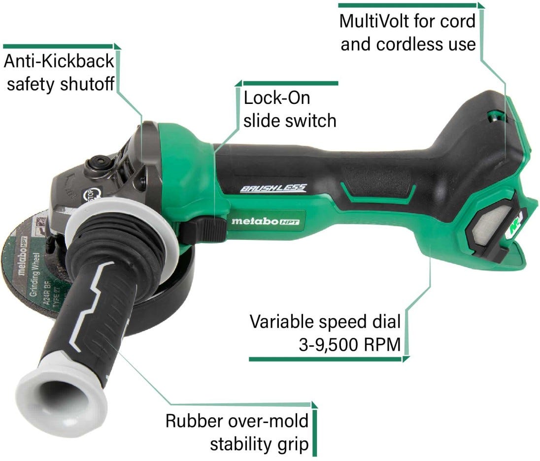 Metabo HPT G3612DAQ6M 36V MultiVolt Brushless 4-1/2-in Slide Switch Grinder, Tool Only