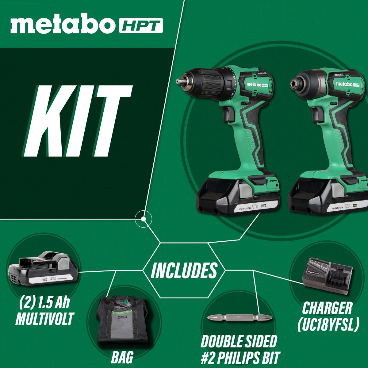 Metabo HPT KC18DDXM KC18DDX 18V Cordless Impact Driver and Drill 1.5 Ah Kit