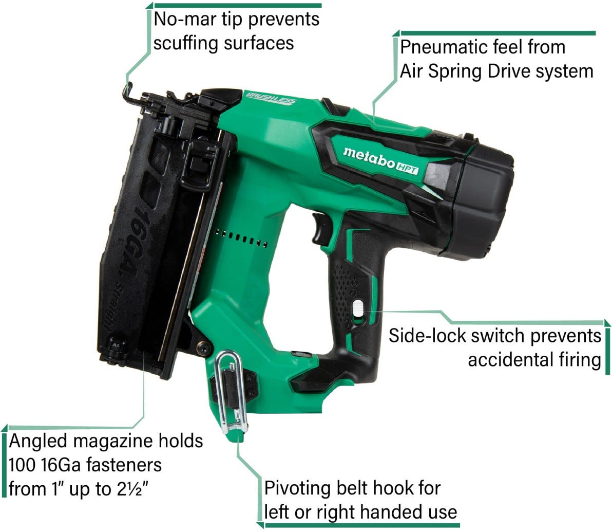 Metabo HPT NT1865DMSQ7M 2-1/2-in 16 Gauge Straight 18V Cordless Finish Nailer, Tool Only