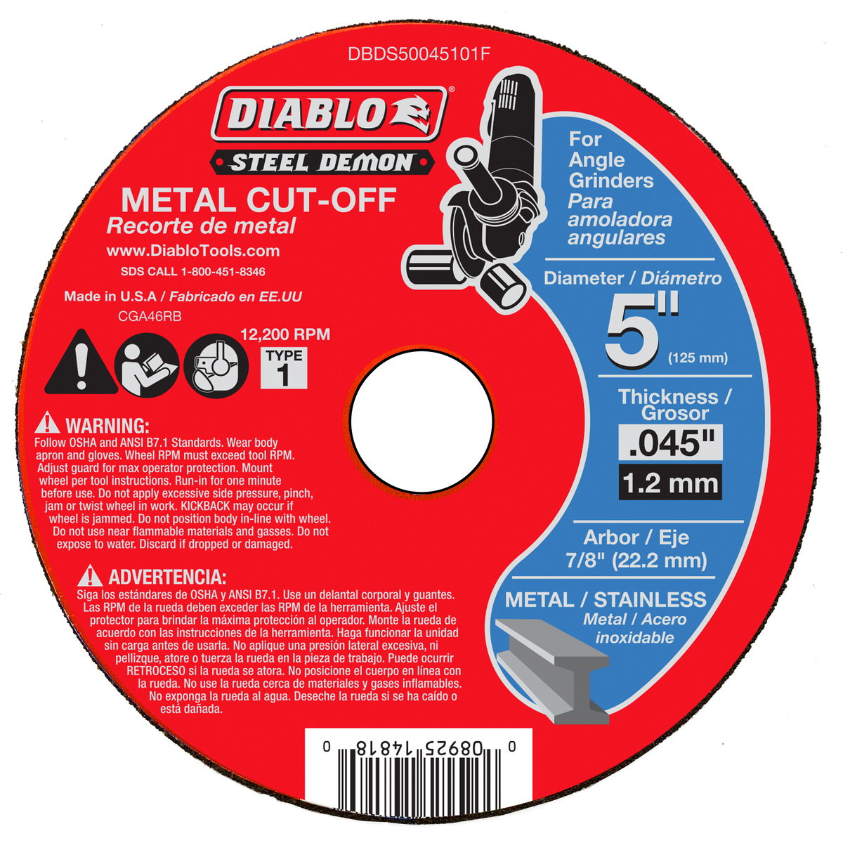 Diablo DBDS50045101F 5-in. Type 1 Steel Demon Metal Cut-Off Disc