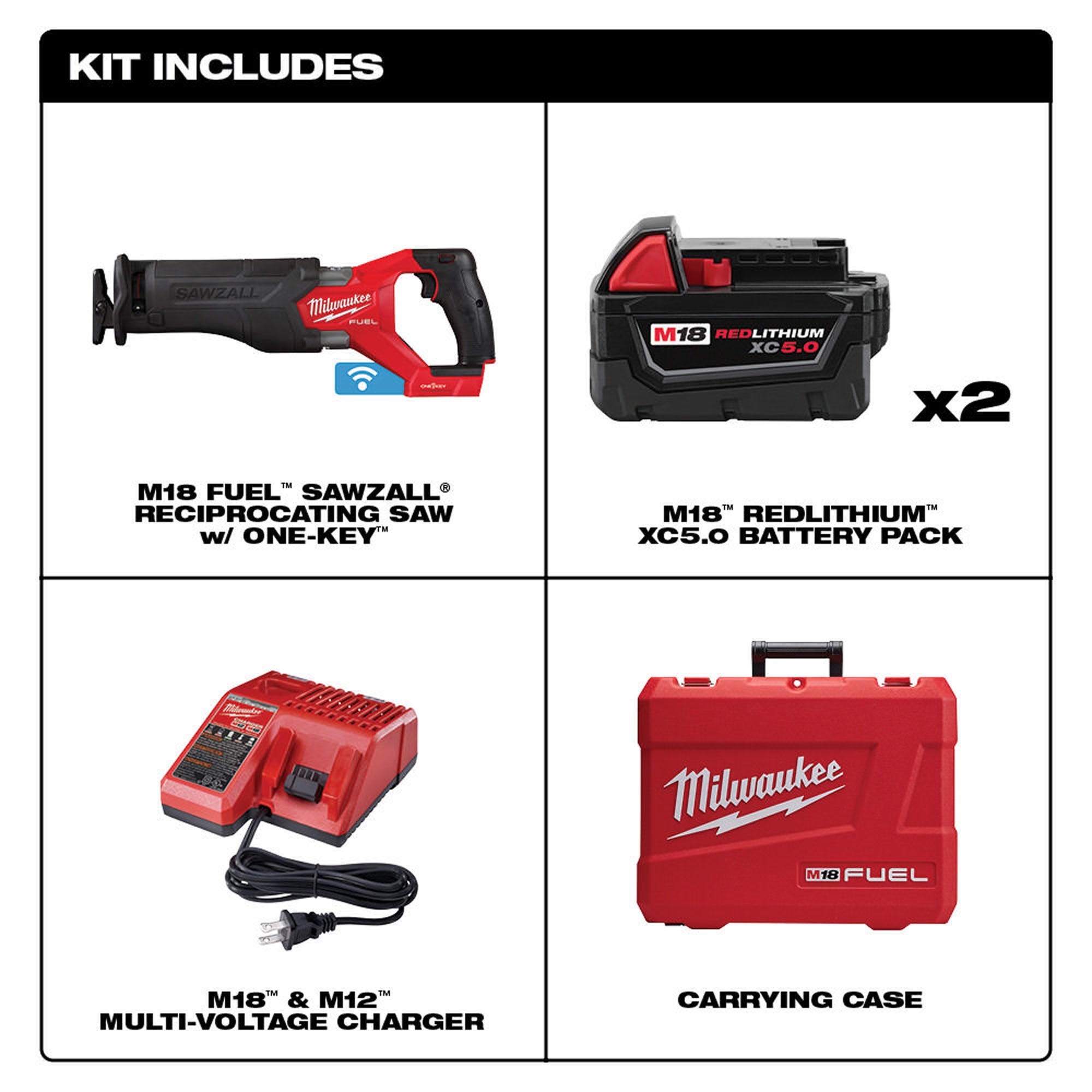 Milwaukee 2822-22 M18 FUEL SAWZALL Recip Saw with One-Key, 5.0 Kit