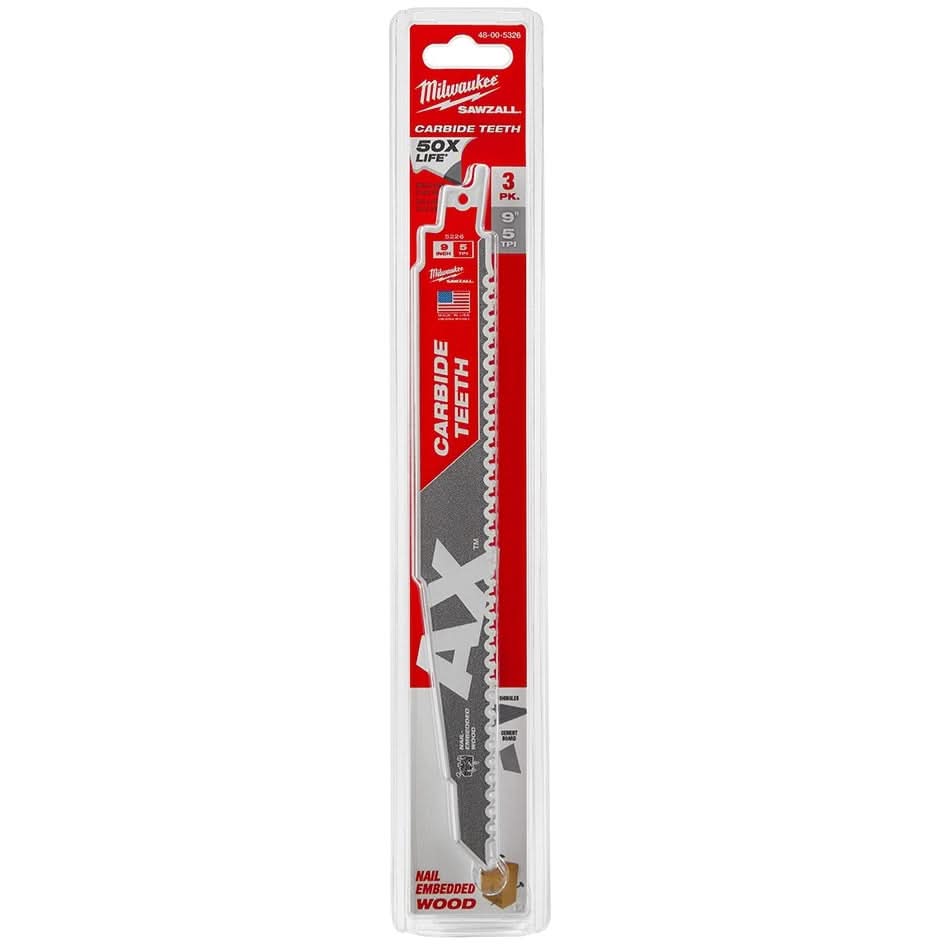 Milwaukee 48-00-5326 THE AX with Carbide Teeth Recip Saw Blade 5-TPI 9" 3-Pack