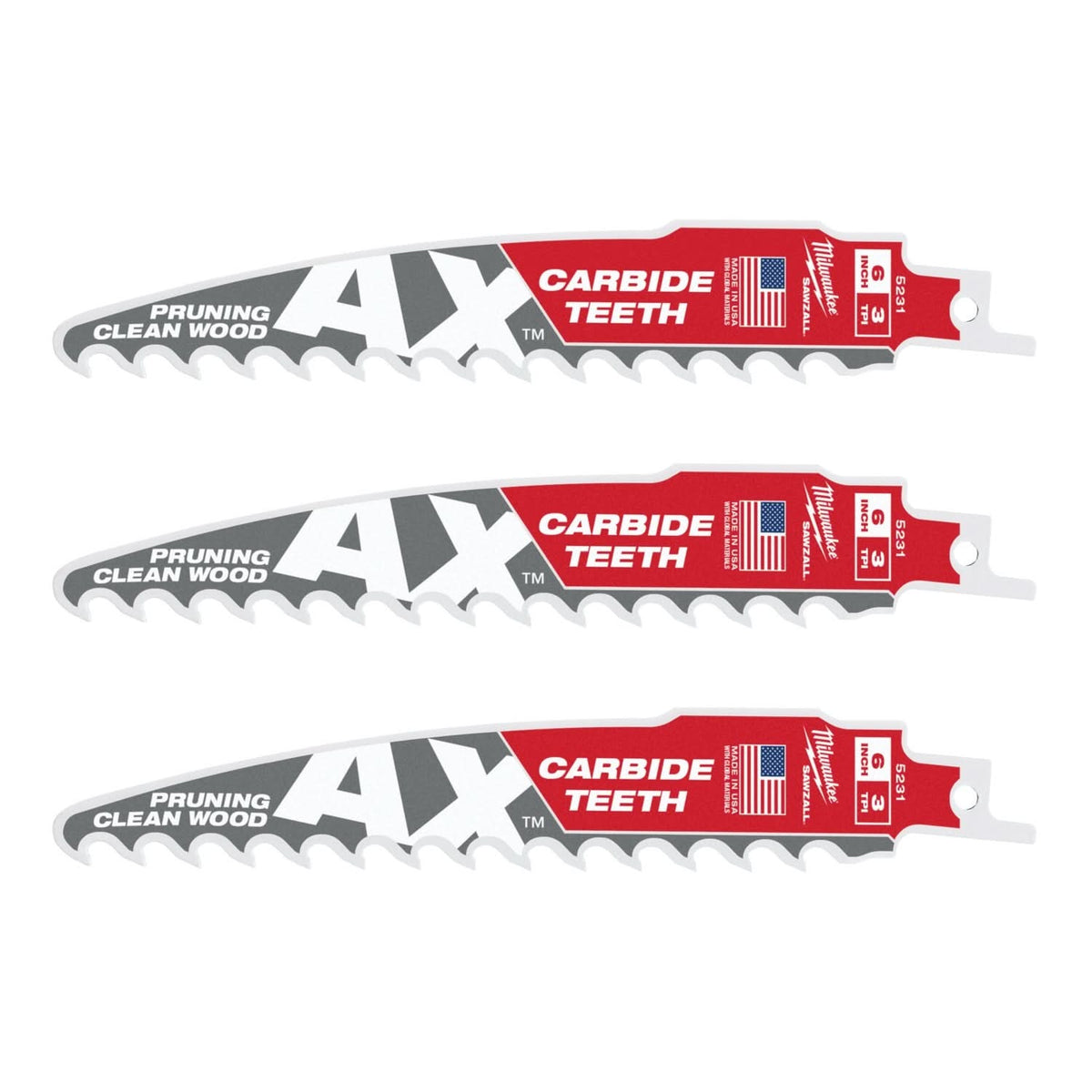 Milwaukee 48-00-5331 6-Inch 3-TPI The AX with Carbide Teeth for Pruning & Clean Wood SAWZALL Reciprocating Saw Blade, 3-Pack
