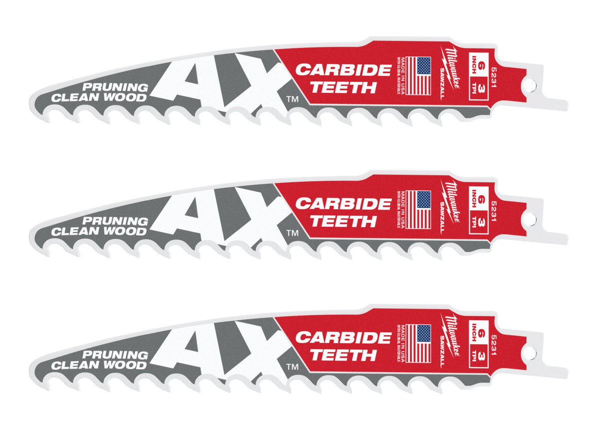 Milwaukee 48-00-5331 6-Inch 3-TPI The AX with Carbide Teeth for Pruning & Clean Wood SAWZALL Reciprocating Saw Blade, 3-Pack (PROMO)