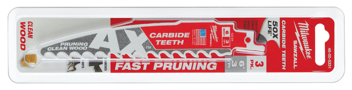 Milwaukee 48-00-5331 6-Inch 3-TPI The AX with Carbide Teeth for Pruning & Clean Wood SAWZALL Reciprocating Saw Blade, 3-Pack (PROMO)
