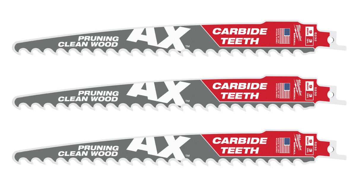Milwaukee 48-00-5332 9-Inch 3-TPI The AX with Carbide Teeth for Pruning & Clean Wood SAWZALL Reciprocating Saw Blade, 3-Pack (PROMO)