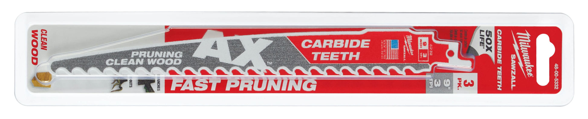 Milwaukee 48-00-5332 9-Inch 3-TPI The AX with Carbide Teeth for Pruning & Clean Wood SAWZALL Reciprocating Saw Blade, 3-Pack