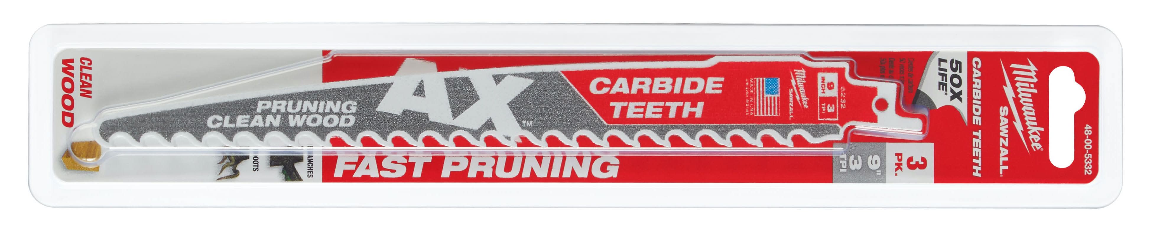 Milwaukee 48-00-5332 9-Inch 3-TPI The AX with Carbide Teeth for Pruning & Clean Wood SAWZALL Reciprocating Saw Blade, 3-Pack