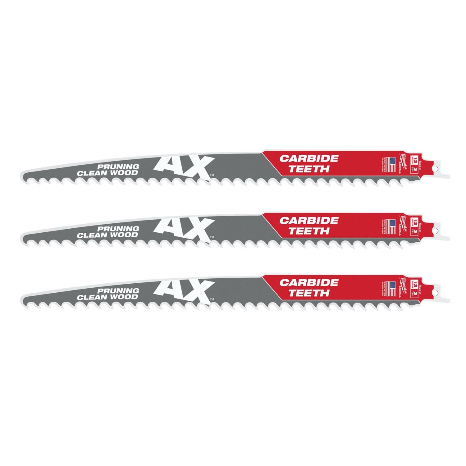 Milwaukee 48-00-5333 12-Inch 3-TPI The AX with Carbide Teeth for Pruning & Clean Wood SAWZALL Reciprocating Saw Blade, 3-Pack
