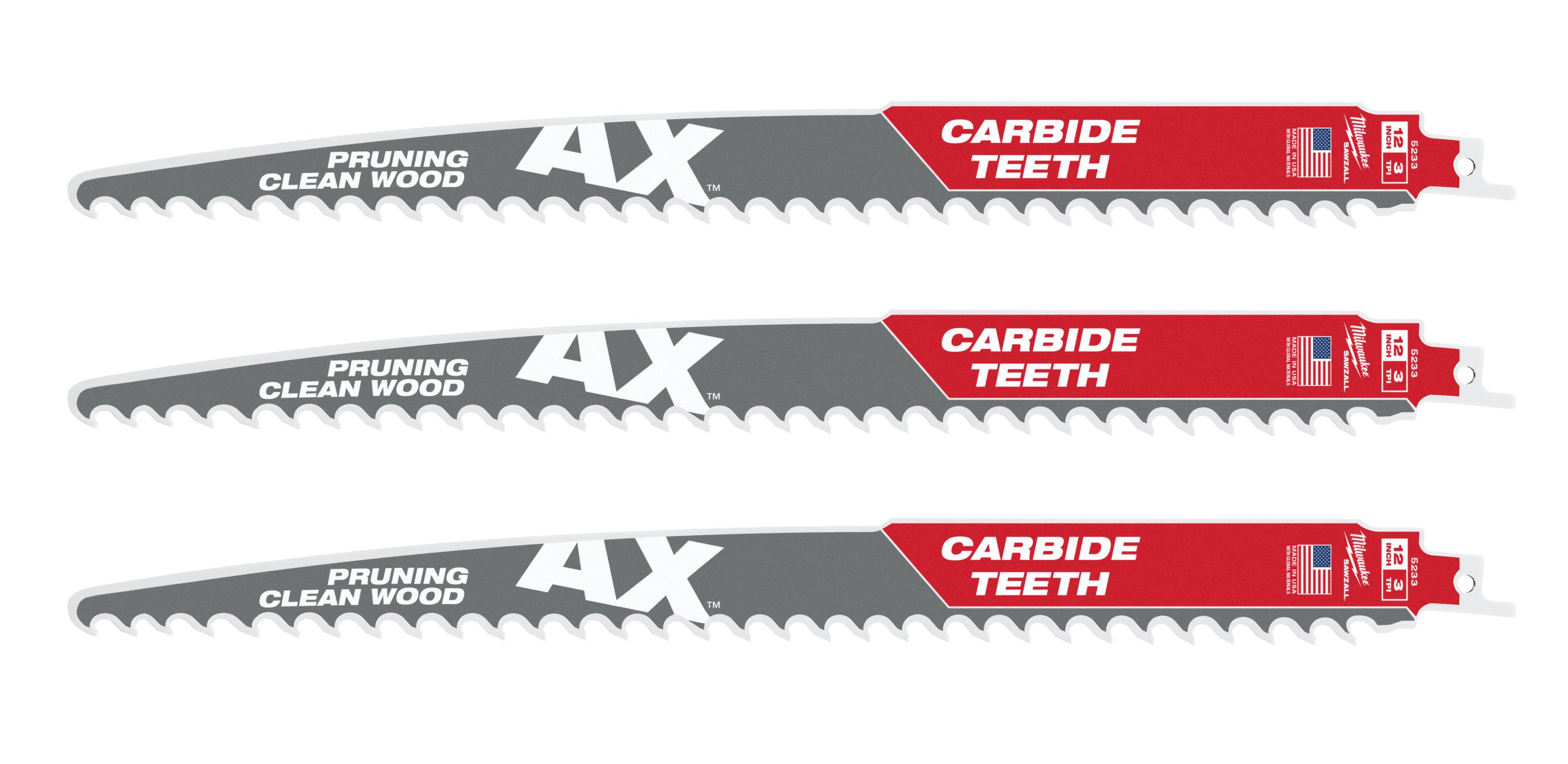 Milwaukee 48-00-5333 12-Inch 3-TPI The AX with Carbide Teeth for Pruning & Clean Wood SAWZALL Reciprocating Saw Blade, 3-Pack (PROMO)