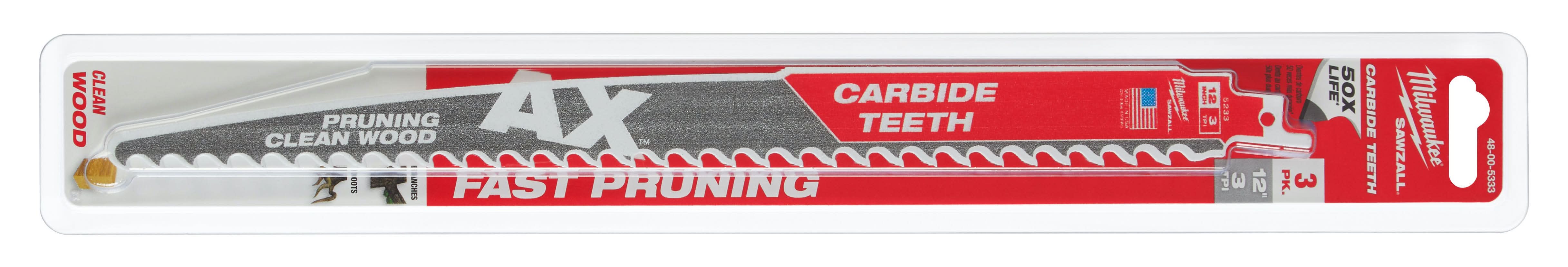 Milwaukee 48-00-5333 12-Inch 3-TPI The AX with Carbide Teeth for Pruning & Clean Wood SAWZALL Reciprocating Saw Blade, 3-Pack