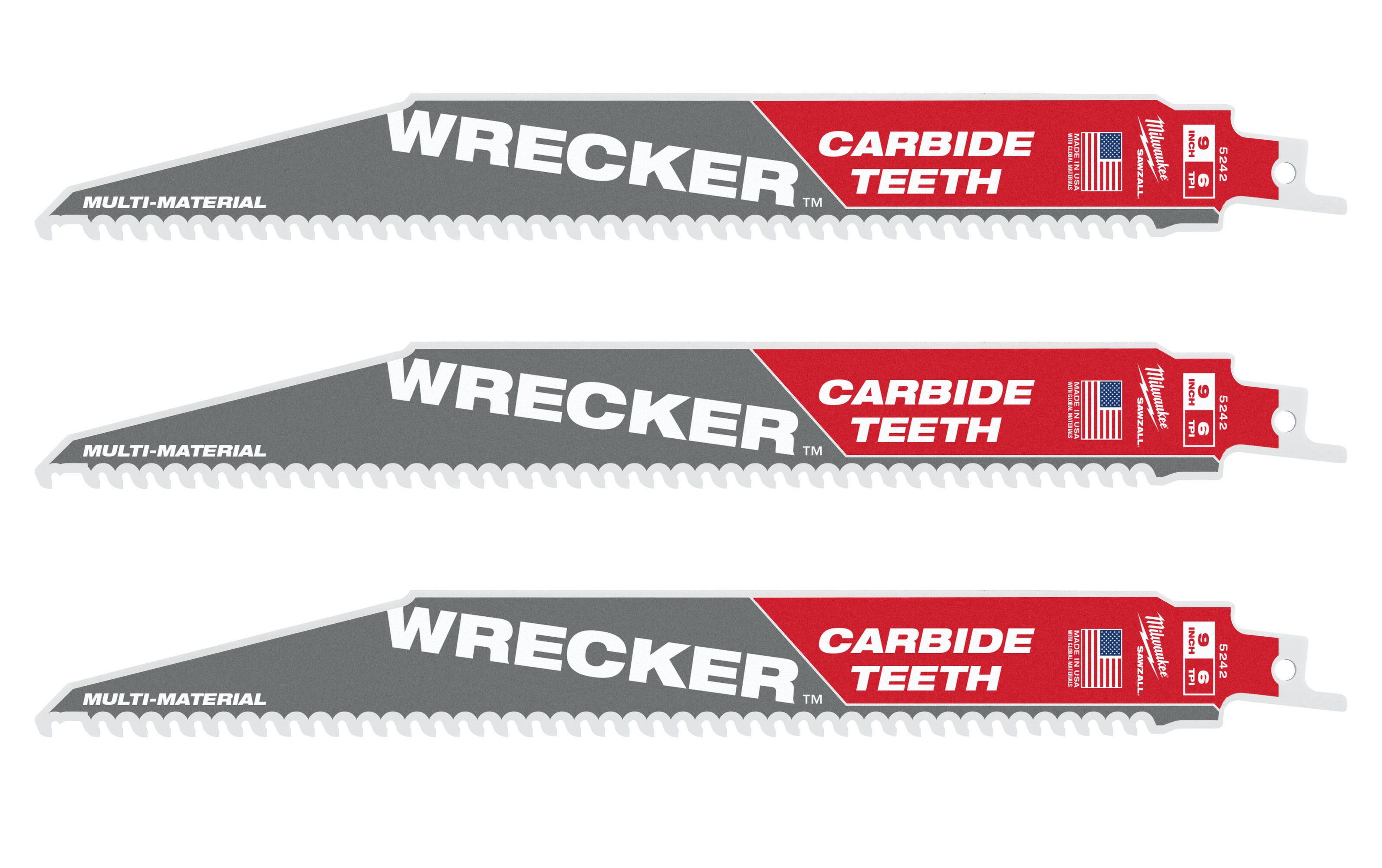 Milwaukee 48-00-5342 9-Inch 6-TPI THE WRECKER with Carbide Teeth SAWZALL Reciprocating Saw Blade, 3-Pack (PROMO)