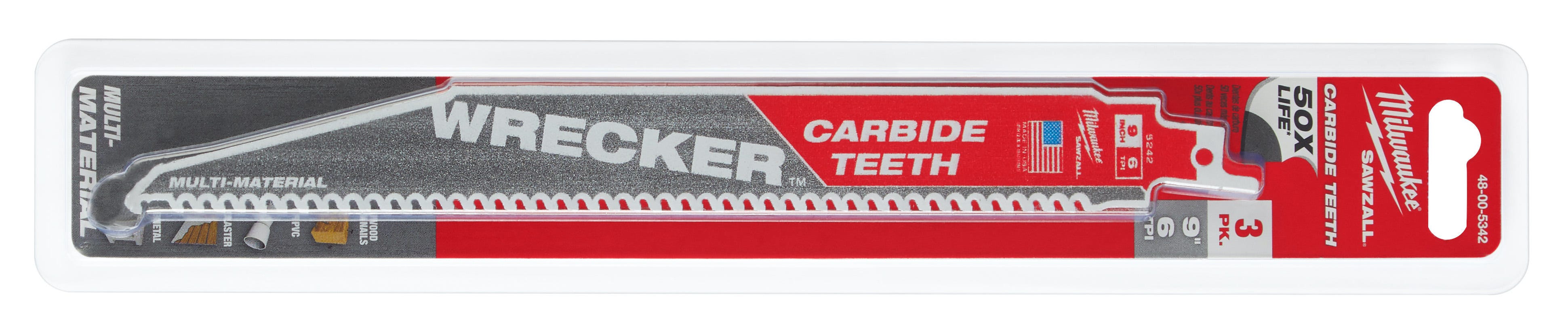 Milwaukee 48-00-5342 9-Inch 6-TPI THE WRECKER with Carbide Teeth SAWZALL Reciprocating Saw Blade, 3-Pack (PROMO)