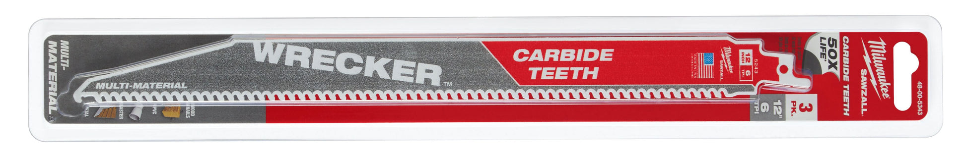 Milwaukee 48-00-5343 12-Inch 6-TPI THE WRECKER with Carbide Teeth SAWZALL Reciprocating Saw Blade, 3-Pack
