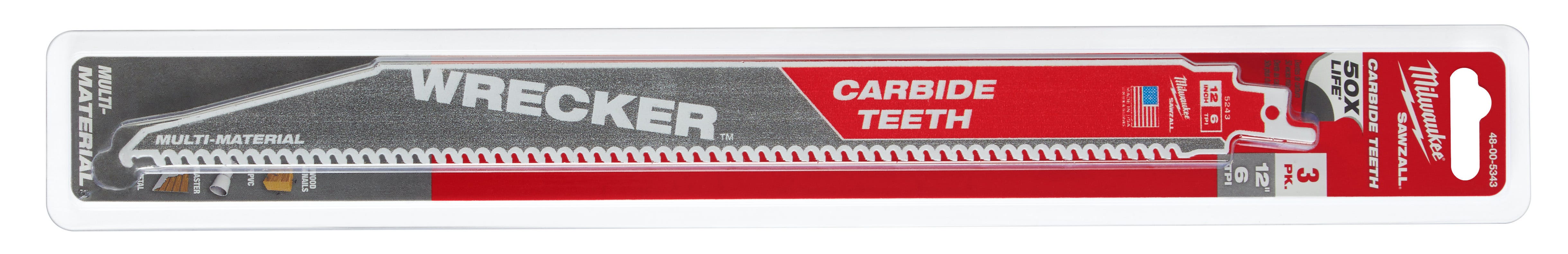 Milwaukee 48-00-5343 12-Inch 6-TPI THE WRECKER with Carbide Teeth SAWZALL Reciprocating Saw Blade, 3-Pack (PROMO)