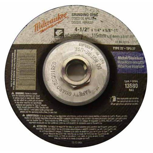 Milwaukee 49-94-4515 4-1/2" x 1/4" x 5/8-11" Grinding Wheel, Type 27