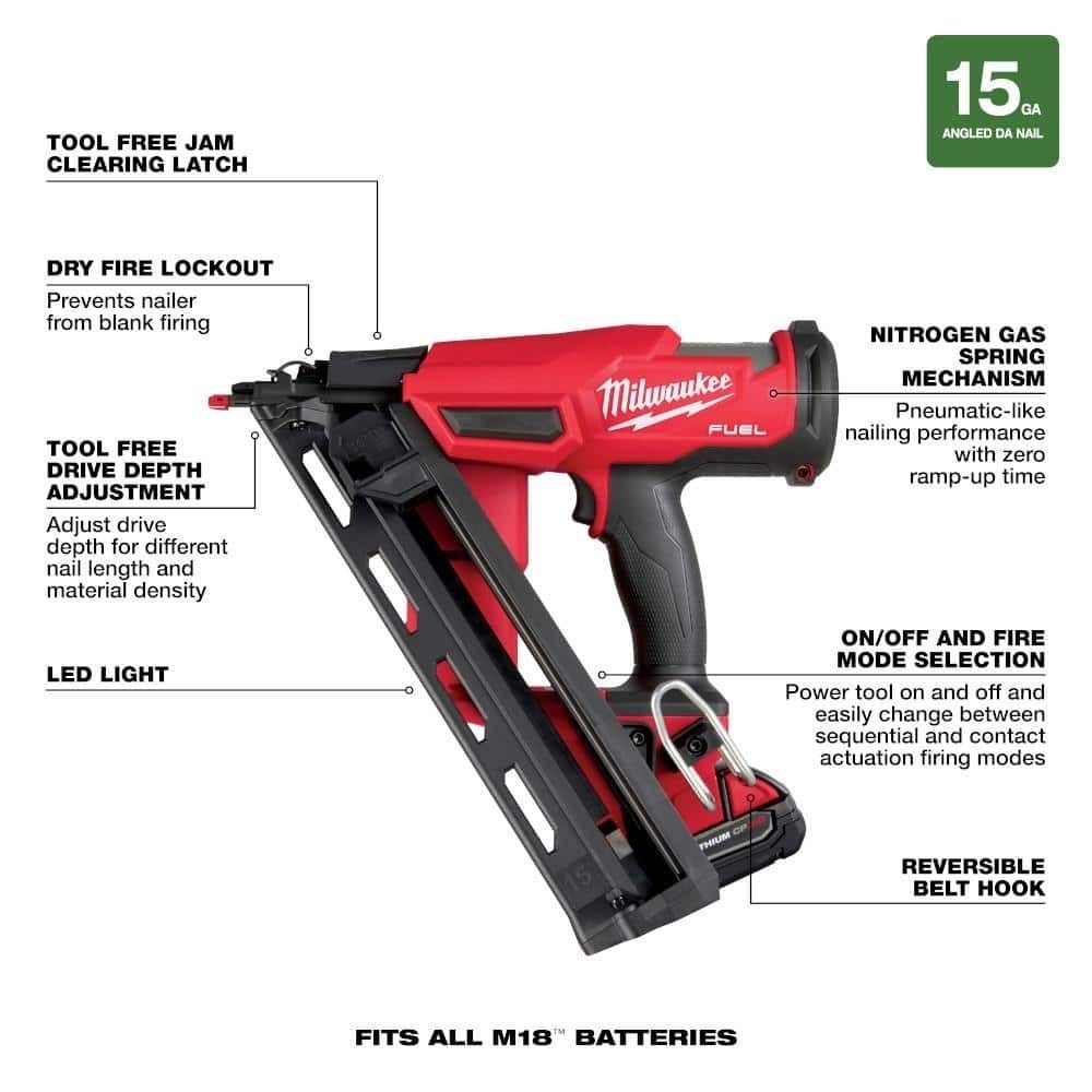 Milwaukee 2839-21HO M18 FUEL 15GA Angled Finish Nailer HIGH OUTPUT Kit