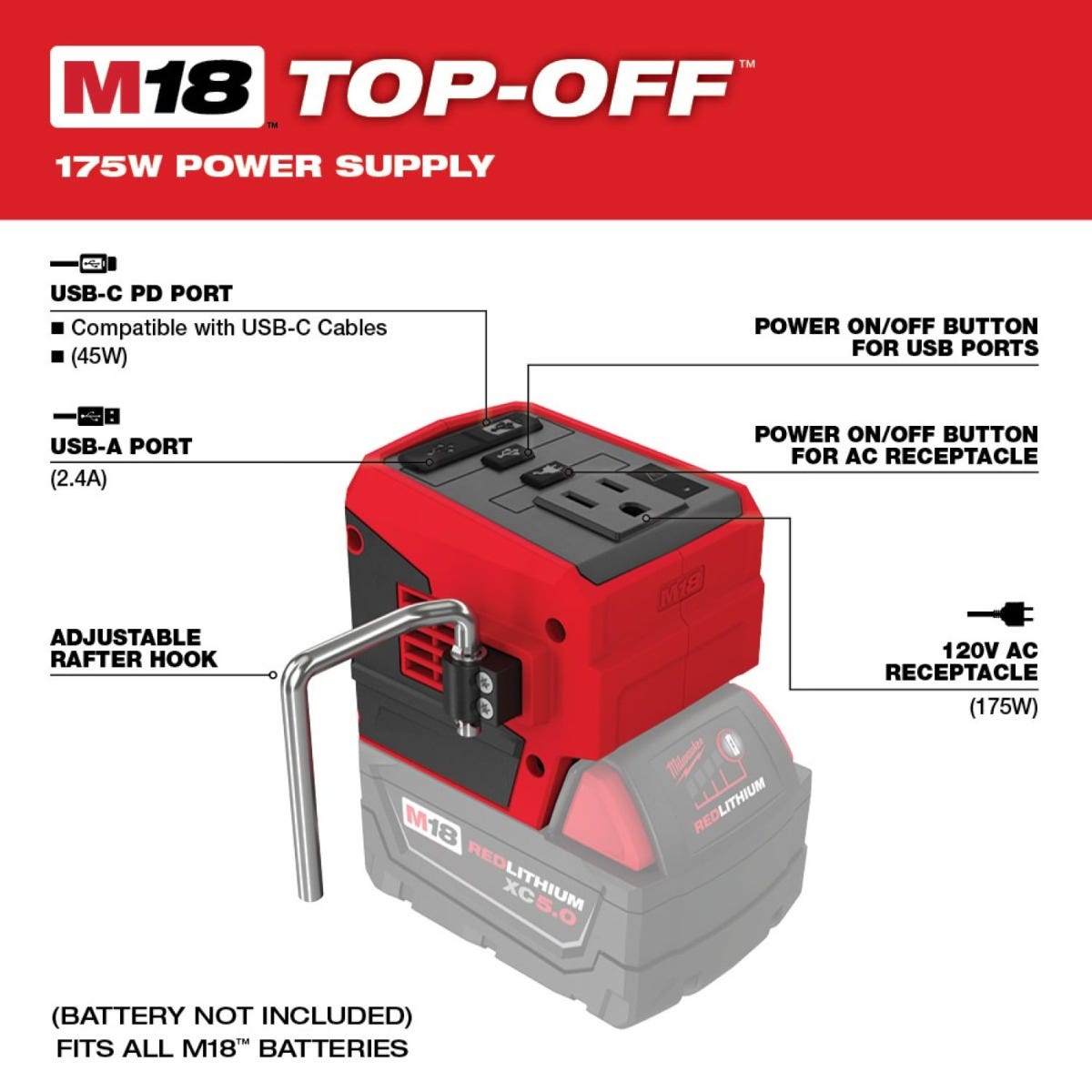 Milwaukee 2846-20 M18 Top Off 175W Power Supply