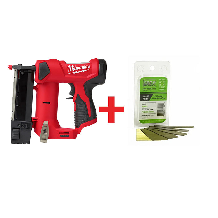 Milwaukee M12 Cordless 23-Gauge Pin Nailer (Bare Tool) plus Grex P6 23-Gauge Galvanized Pin Nail Multi Pack