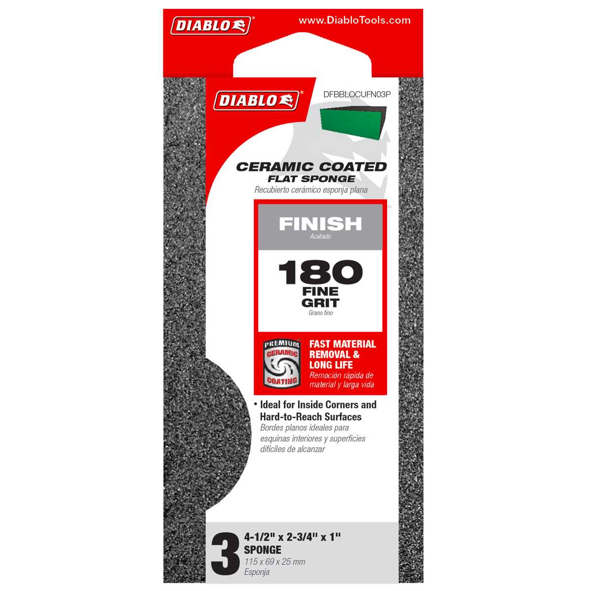 Diablo 4-1/2 in. x 2-3/4 in. x 1 in. 180-Grit Flat Edge Sanding Sponge (DFBBLOCUFN03P) in retail packaging