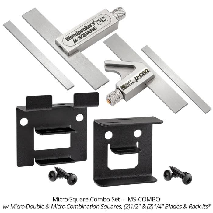 Woodpeckers MS-COMBO 2-Piece Micro-Square Combo & Double Square Set w/ 1/2" & 1/4" Blades & Rack-It