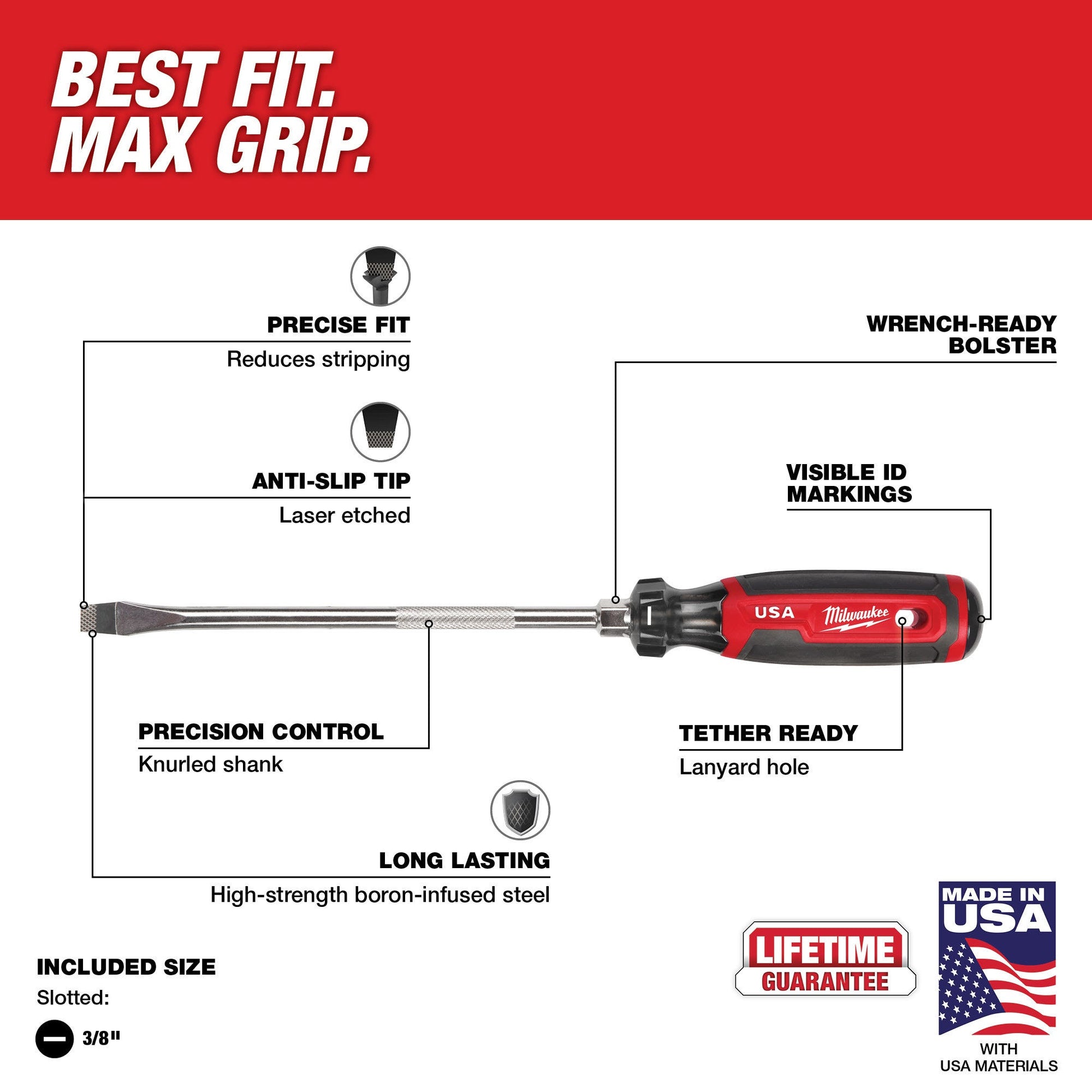 Milwaukee MT209 3/8" Slotted 8" Cushion Grip Screwdriver (Made in the USA)