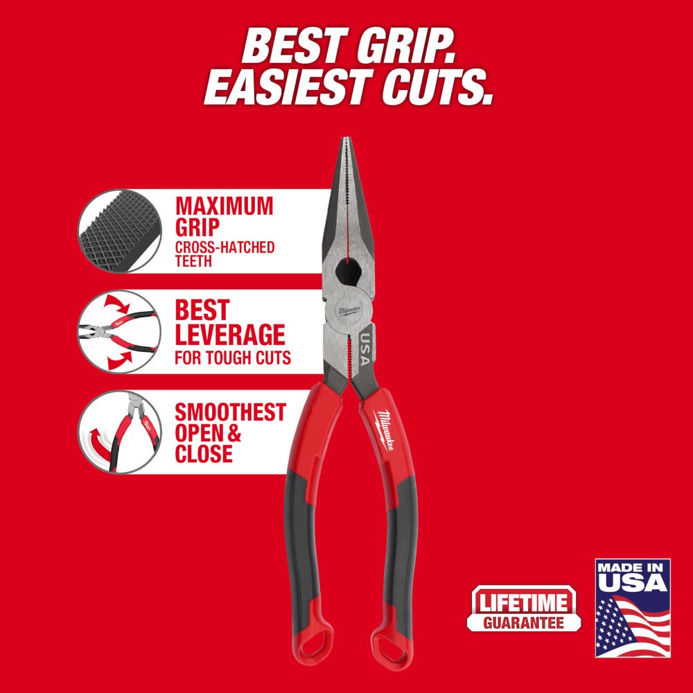 Milwaukee MT555 8" Long Nose Comfort Grip Pliers (Made in the USA)