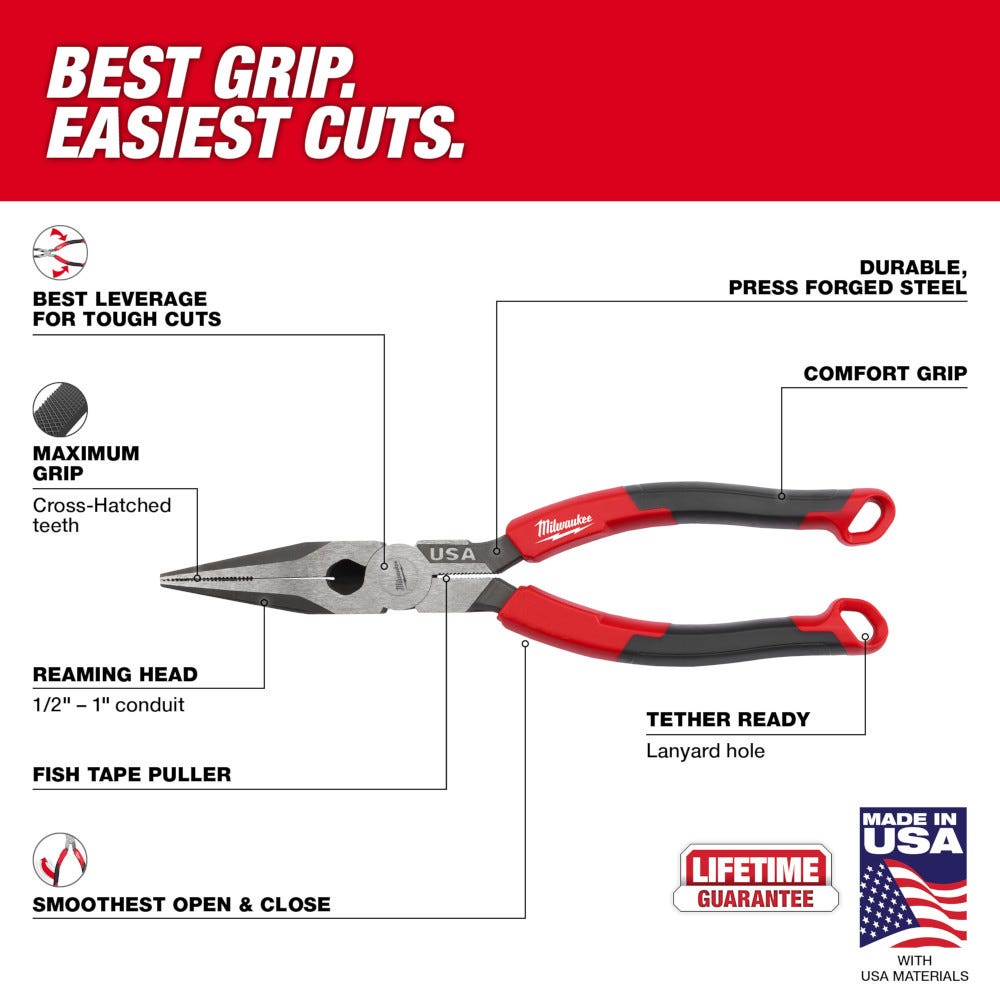 Milwaukee MT555 8" Long Nose Comfort Grip Pliers (Made in the USA)