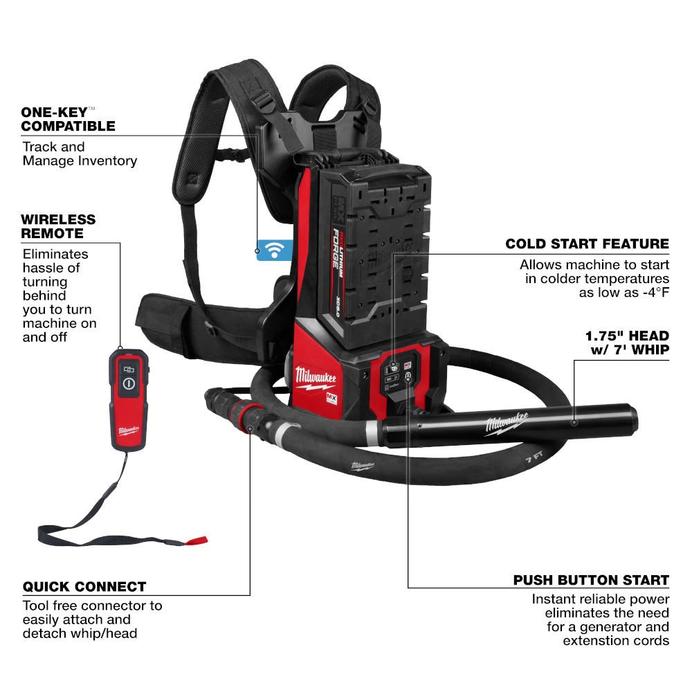 Milwaukee MXF372-2XCB MX FUEL Backpack High Cycle Concrete Vibrator Kit w/ 7' Whip / 1.75" Head