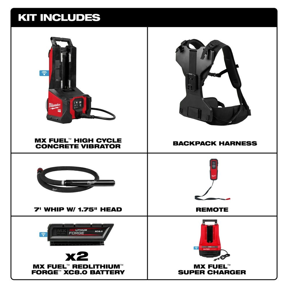 Milwaukee MXF372-2XCB MX FUEL Backpack High Cycle Concrete Vibrator Kit w/ 7' Whip / 1.75" Head