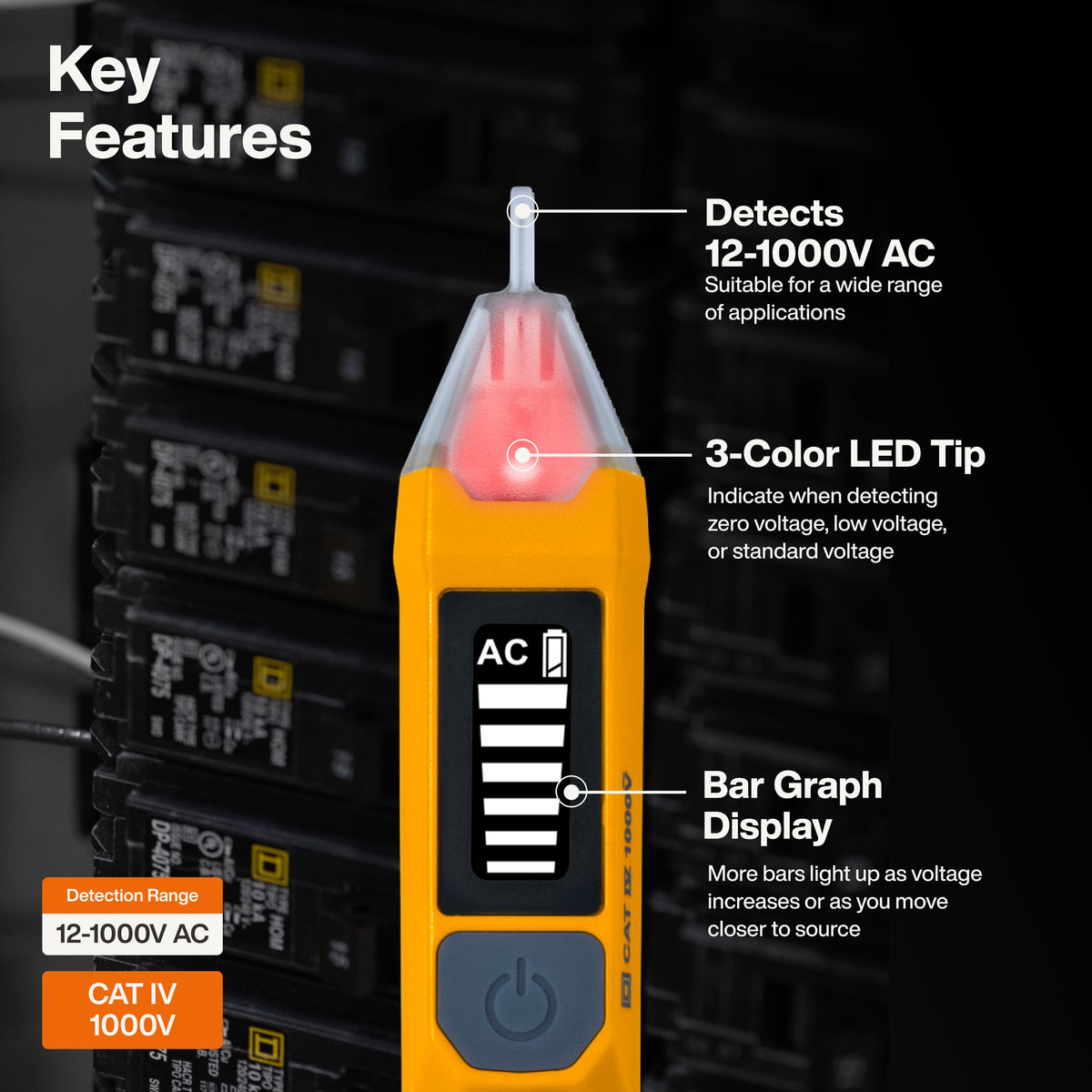 Klein Tools Non-Contact Voltage Tester with Signal Strength (NCVT7) detecting voltage in an outlet without contact