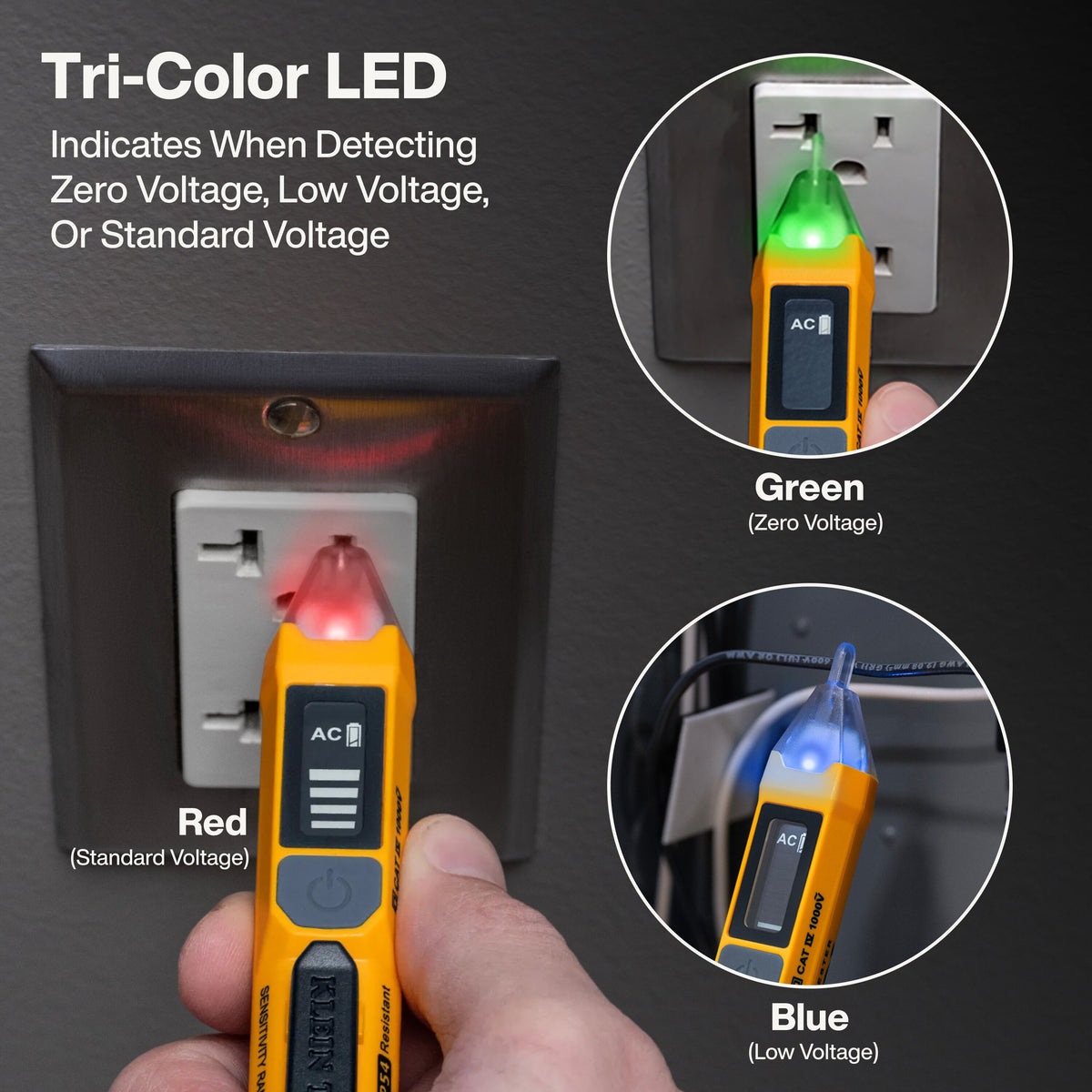 Klein Tools Non-Contact Voltage Tester with Signal Strength (NCVT7) bar graph signal strength display rising near a live wire