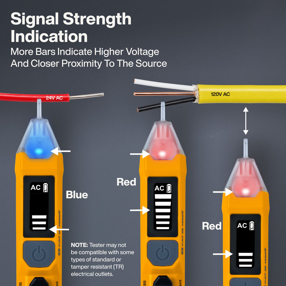 Klein Tools Non-Contact Voltage Tester with Signal Strength (NCVT7) 3-color LED tip showing green, blue and red signal levels