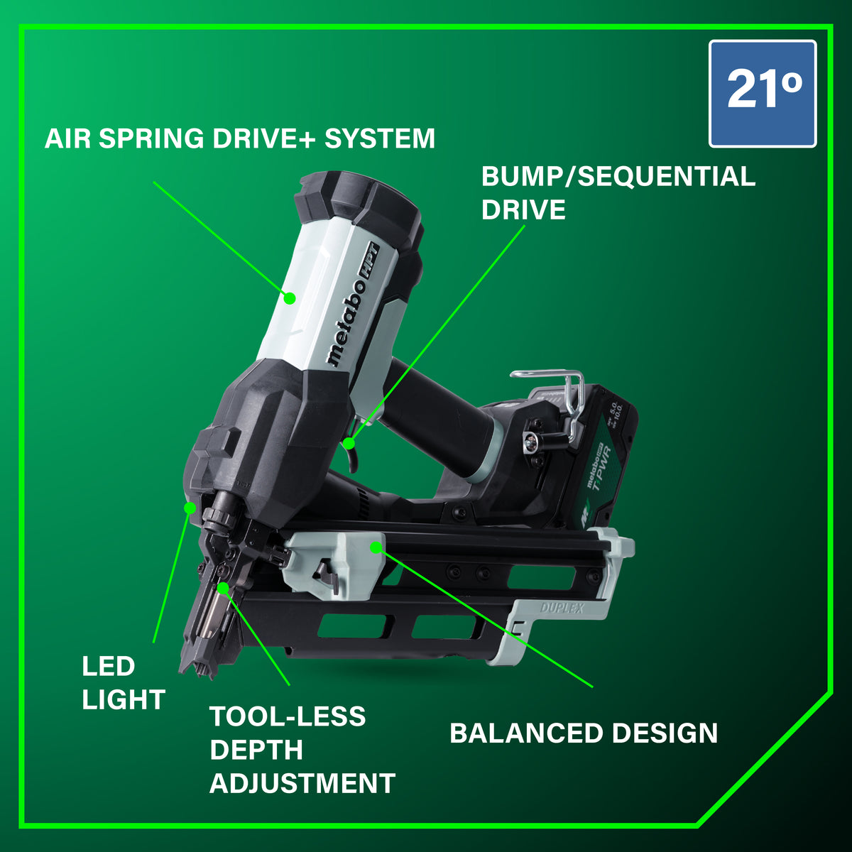 Metabo HPT 18V Cordless Pneumatic 3-in. Duplex Forming Nailer, 10.0Ah Kit (NR1875DDAQRY)