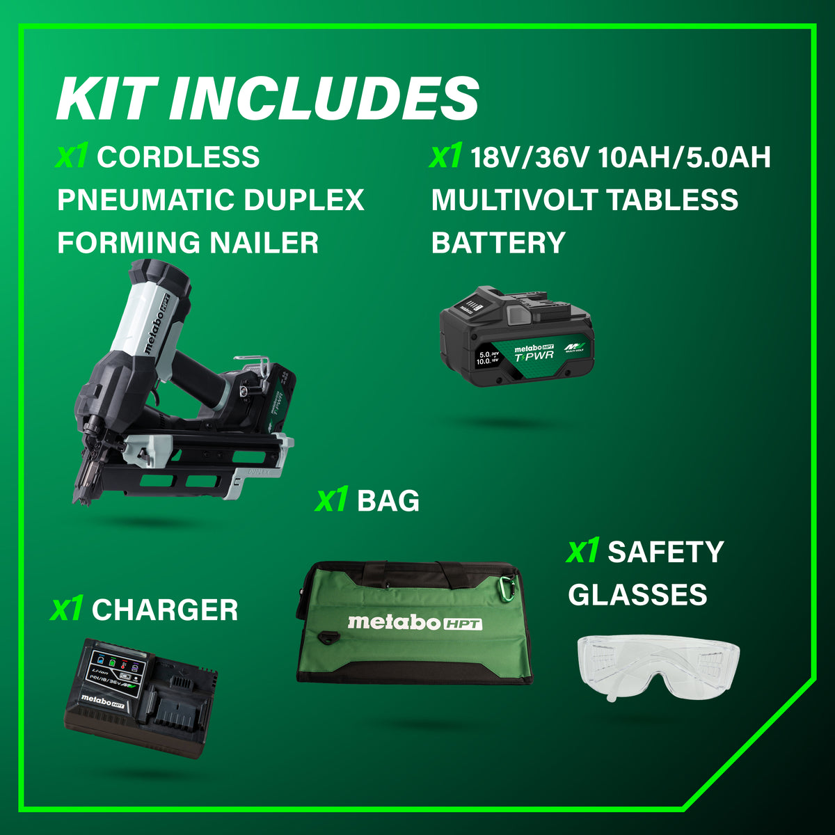 Metabo HPT 18V Cordless Pneumatic 3-in. Duplex Forming Nailer, 10.0Ah Kit (NR1875DDAQRY)