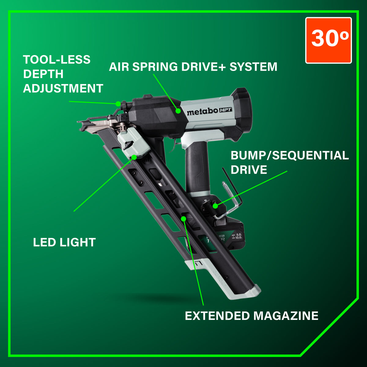 Metabo HPT 18V Cordless Pneumatic 30-Degree 3-1/2-in. Framing Nailer, 10.0Ah Kit (NR1890DCBQRY)