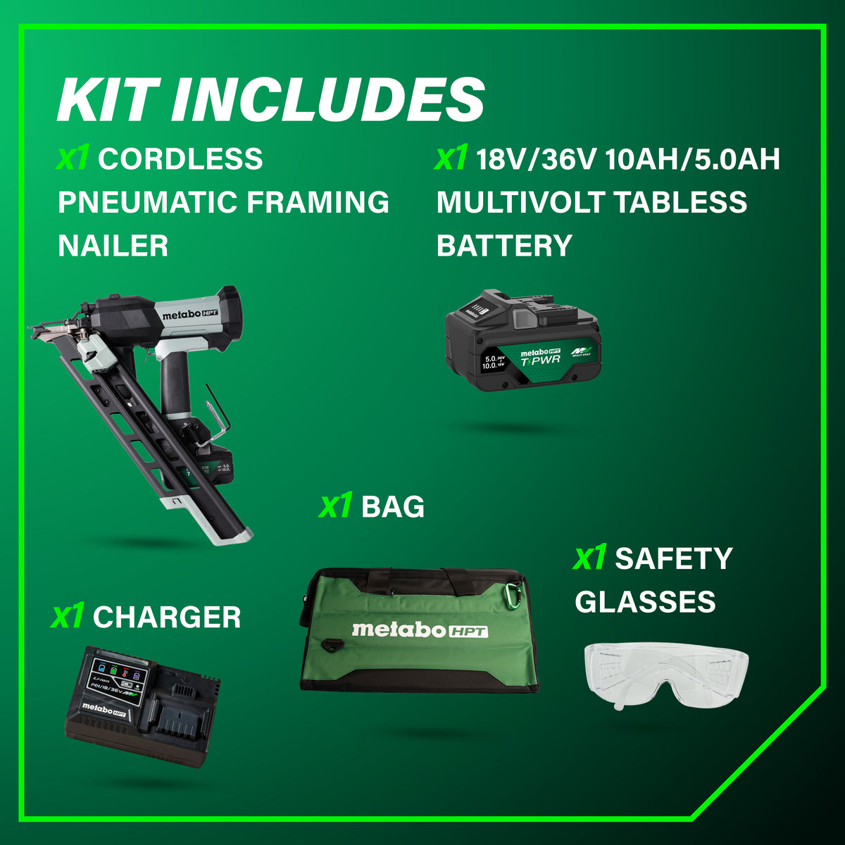 Metabo HPT 18V Cordless Pneumatic 30-Degree 3-1/2-in. Framing Nailer, 10.0Ah Kit (NR1890DCBQRY)