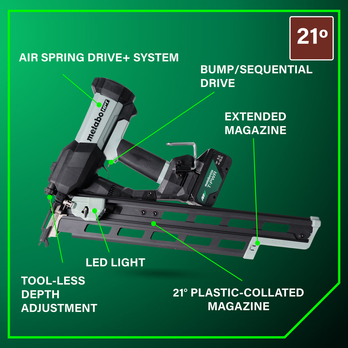 Metabo HPT 18V Cordless Pneumatic 21-Degree 3-1/2-in. Framing Nailer, 10.0Ah Kit (NR1890DRBQRY)