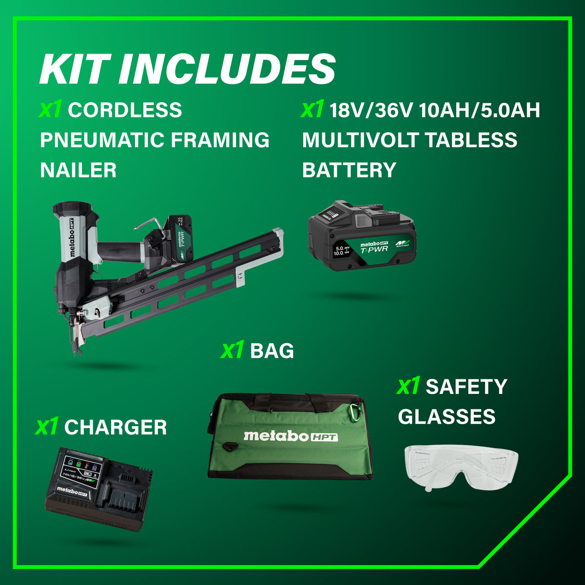 Metabo HPT 18V Cordless Pneumatic 21-Degree 3-1/2-in. Framing Nailer, 10.0Ah Kit (NR1890DRBQRY)