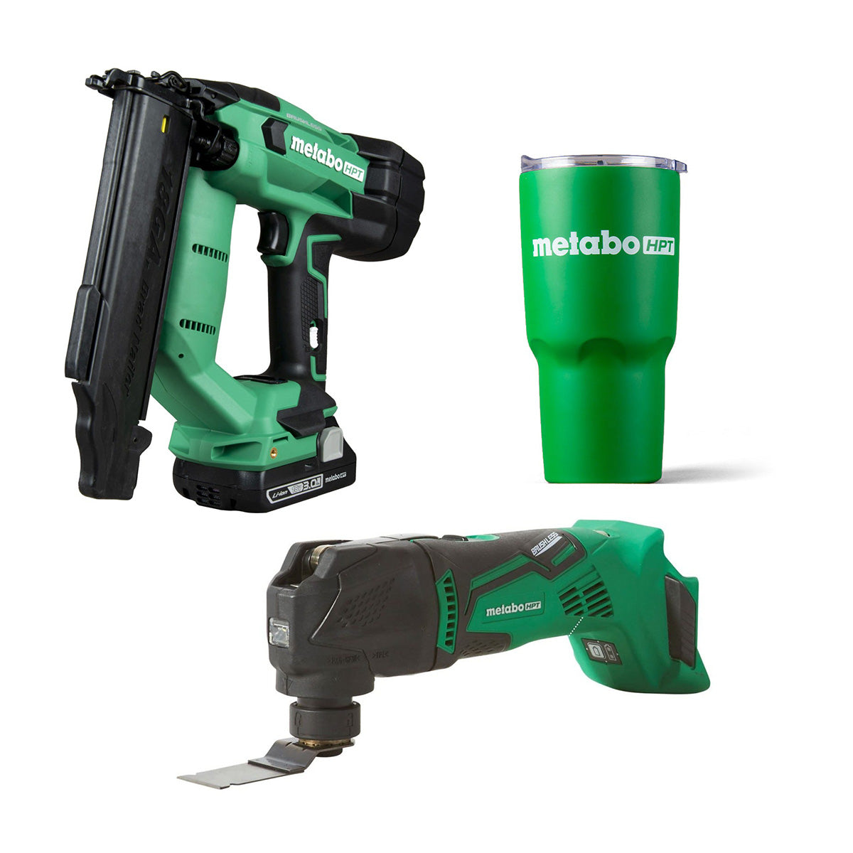 Metabo HPT 18V Cordless Oscillating Multi-Tool and 18 Gauge Compact Brad Nailer 3 Ah MultiVolt Kit plus 30 oz Vacuum Insulated Tumbler