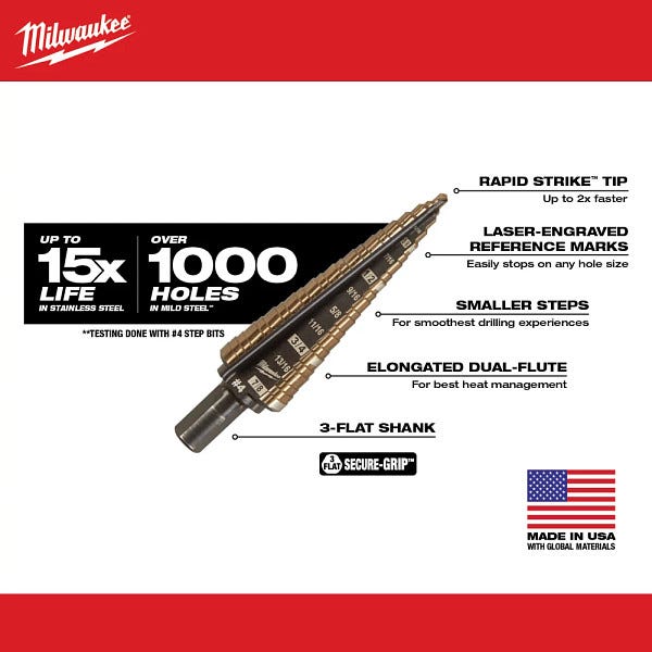 Milwaukee 48-89-9284 Milwaukee Cobalt Step Bit #4 (3/16-Inch - 7/8