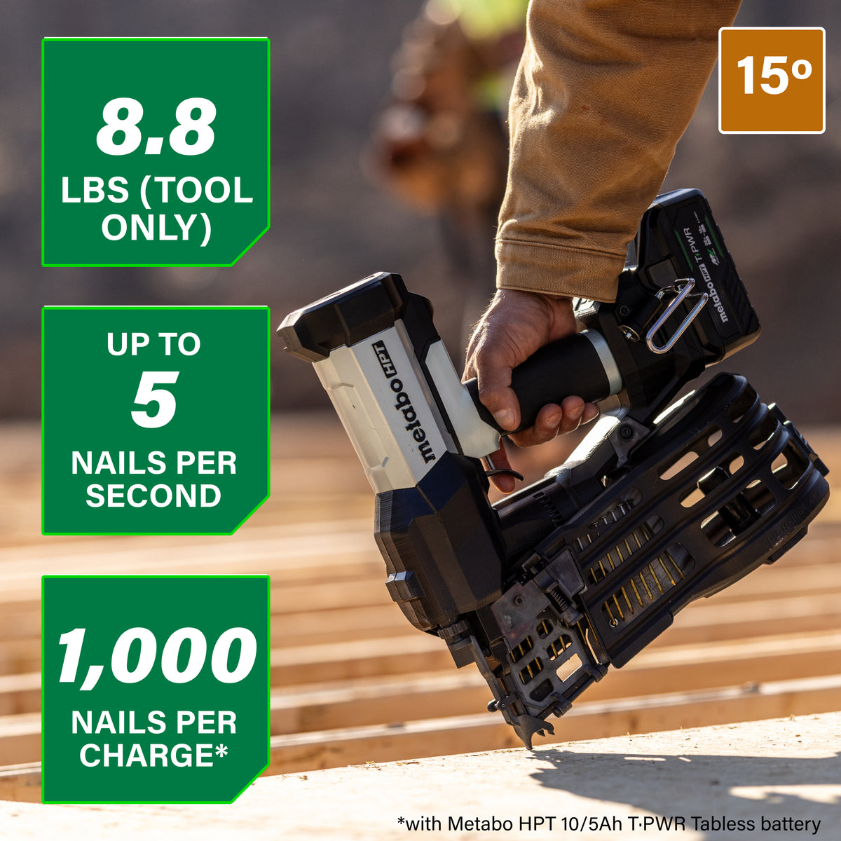 Metabo HPT 18V Cordless Pneumatic 15-Degree 3-1/2-in. Coil Framing Nailer, 10.0Ah Kit (NV1890DAQRY)