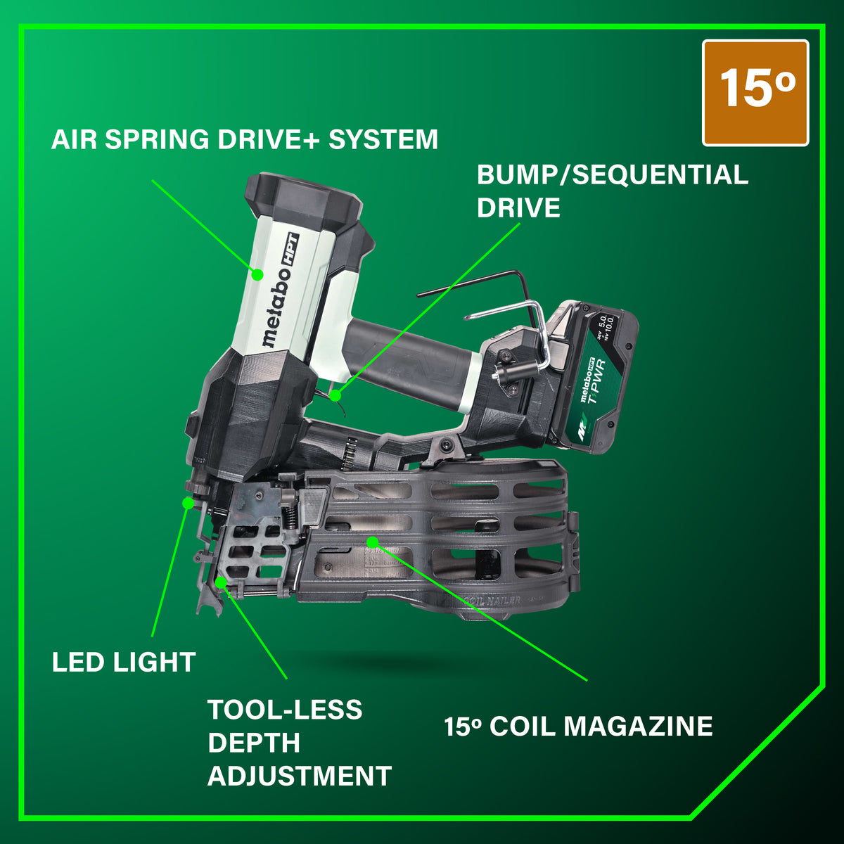 Metabo HPT 18V Cordless Pneumatic 15-Degree 3-1/2-in. Coil Framing Nailer, 10.0Ah Kit (NV1890DAQRY)