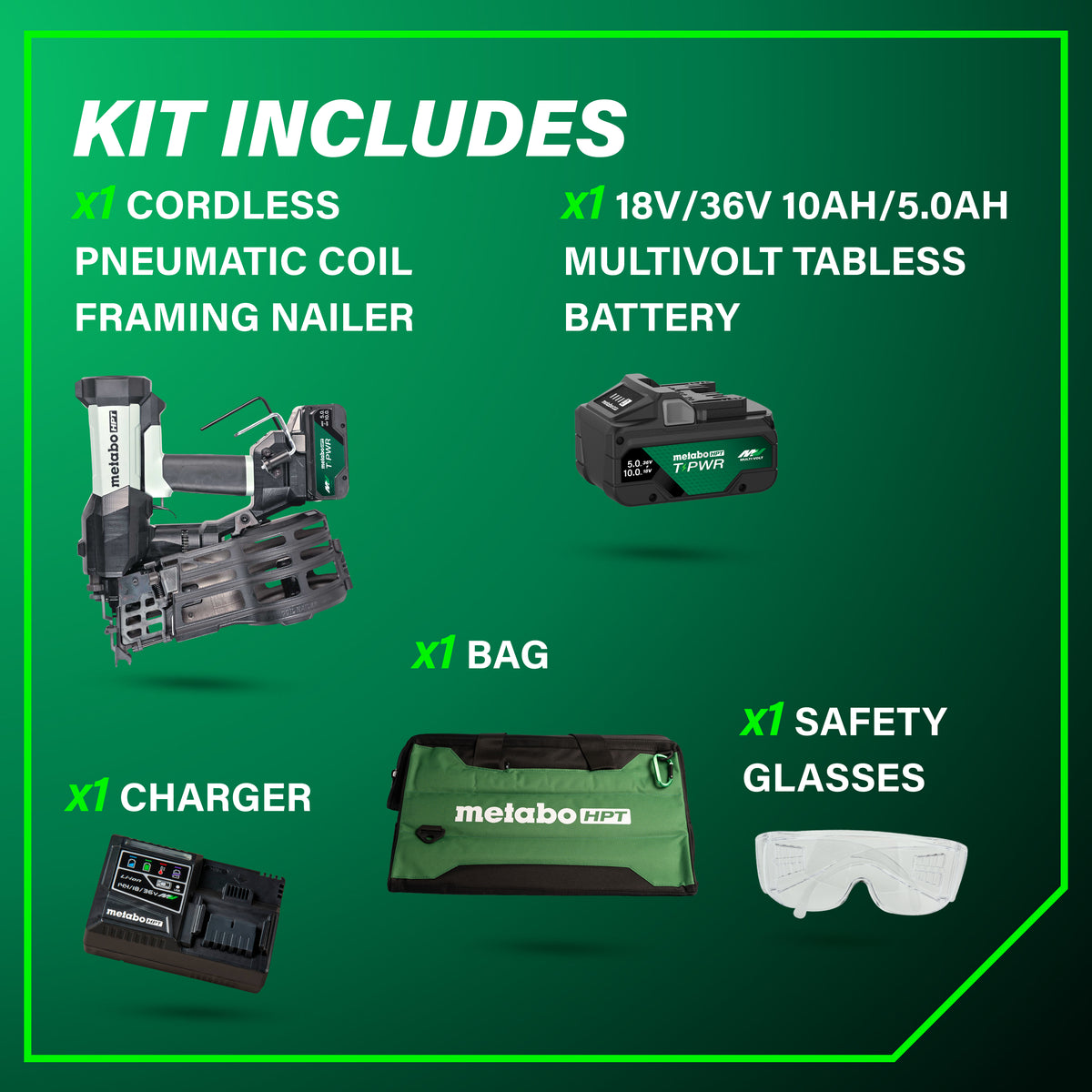 Metabo HPT 18V Cordless Pneumatic 15-Degree 3-1/2-in. Coil Framing Nailer, 10.0Ah Kit (NV1890DAQRY)