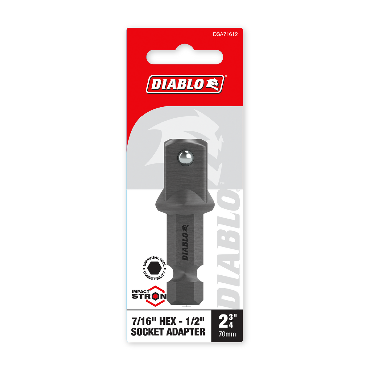 Diablo 7/16 in. Hex to 1/2 in. Square x 2-3/4 in. Socket Adapter (DSA71612) in retail packaging