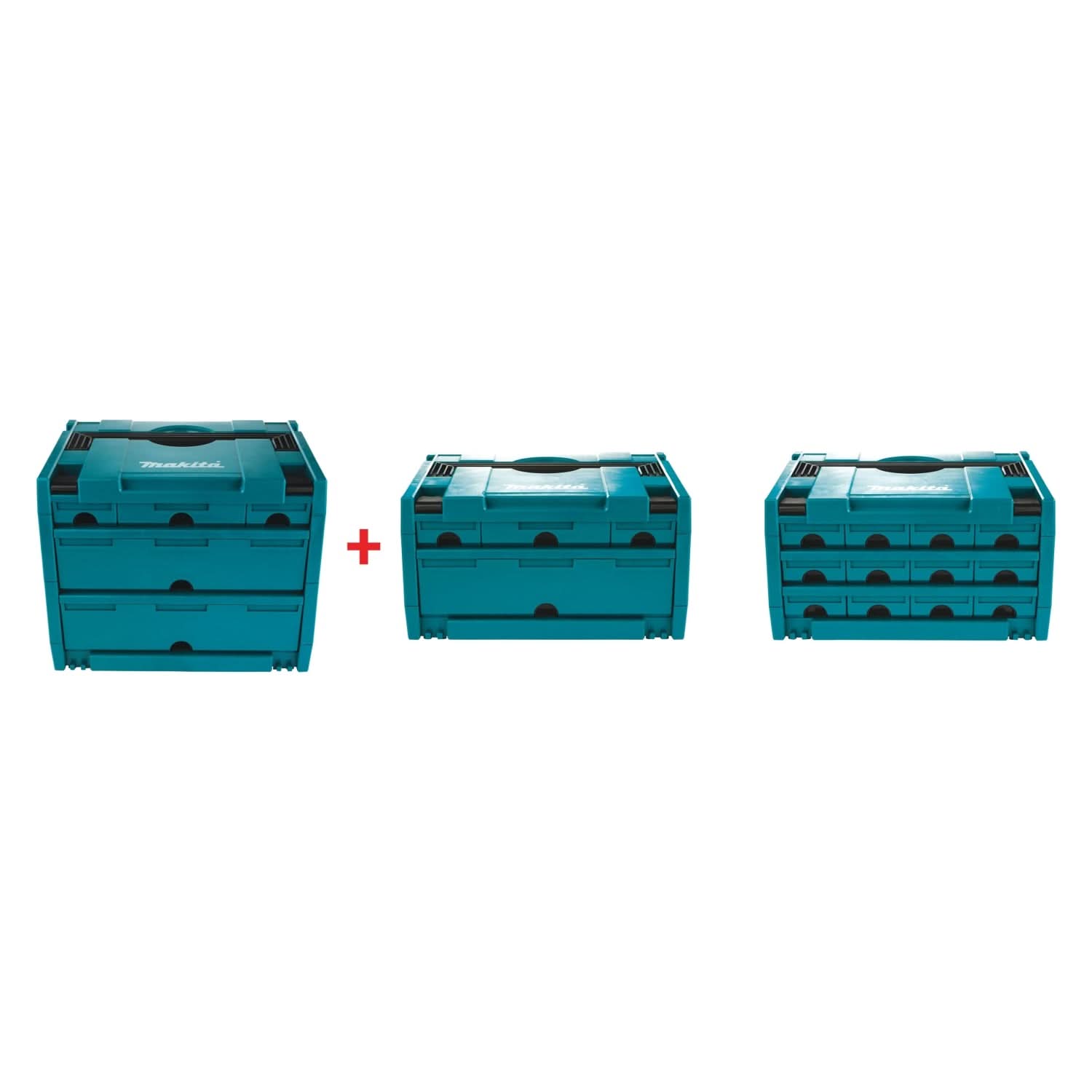 Makita MAKPAC 5 Drawer Interlocking Case, 12-1/2" x 15-1/2" x 11-5/8" plus MAKPAC 4 Drawer Interlocking Case, 8-1/2" x 15-1/2" x 11-5/8" and MAKPAC 12 Drawer Interlocking Case, 8-1/2" x 15-1/2" x 11-5/8"