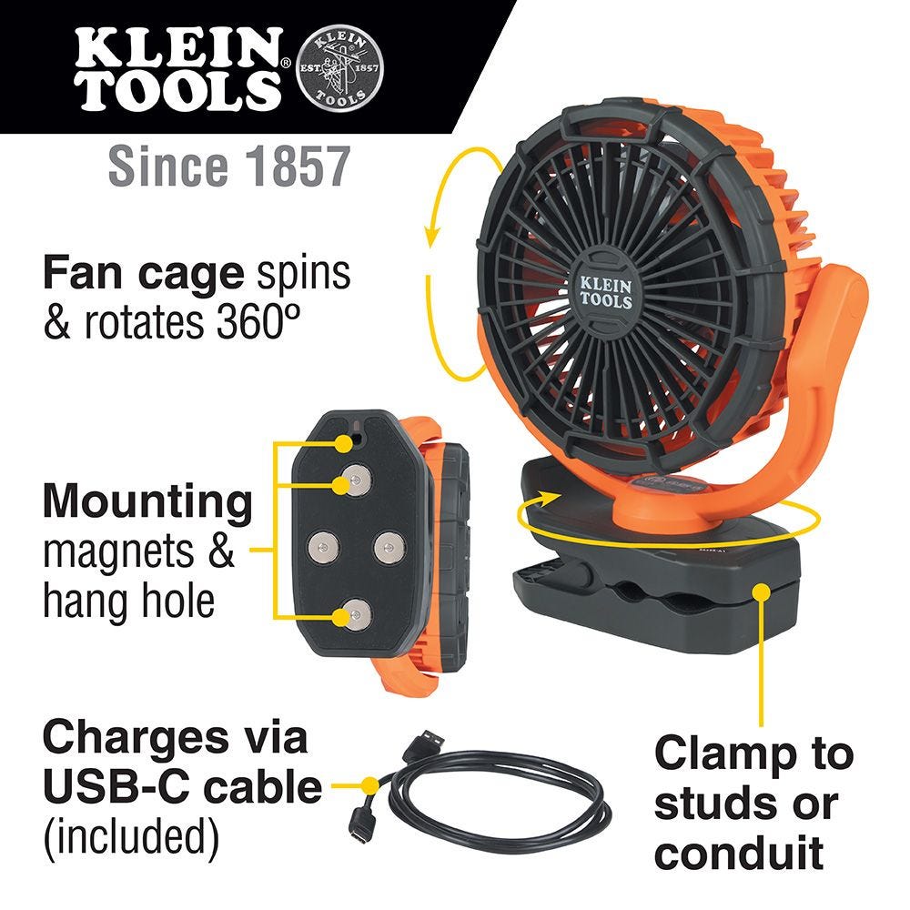 Klein Tools PJSFM2 USB Lithium-Ion Rechargeable 9-in. Diameter Clamping Fan