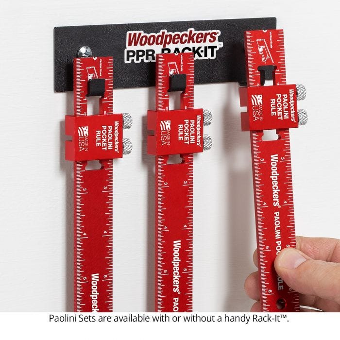 Woodpeckers PPRRI-AC 3-Piece Aluminum Paolini Pocket Rule Set w/ PPR Rack-It, Inch/Metric