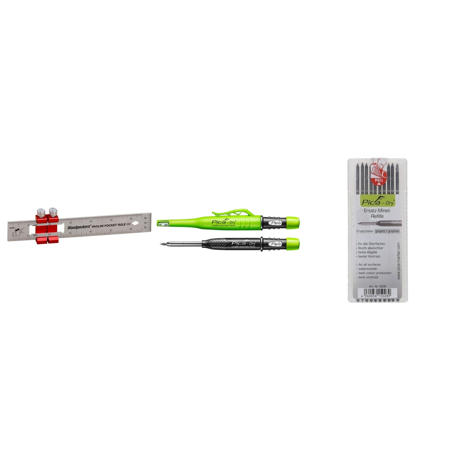 Woodpeckers Paolini Pocket Rule -6 Inch Stainless Steel with Pica Dry 3030 & Black Lead Refill