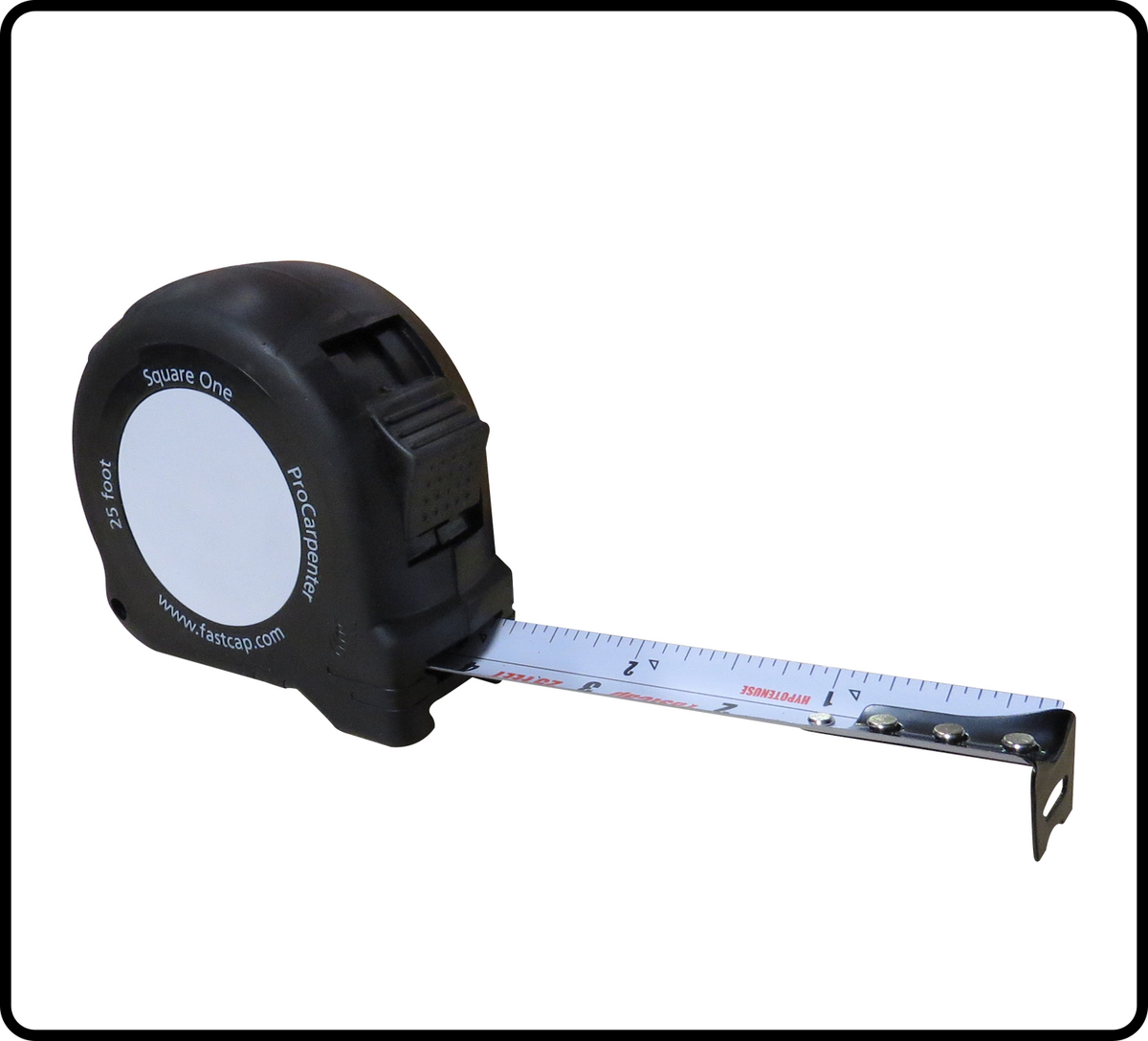 FastCap PSQ-25 Square One tape measure case and blade showing the standard scale and reverse hypotenuse scale